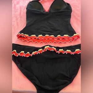 Two piece swimsuit black w orange ruffle trim